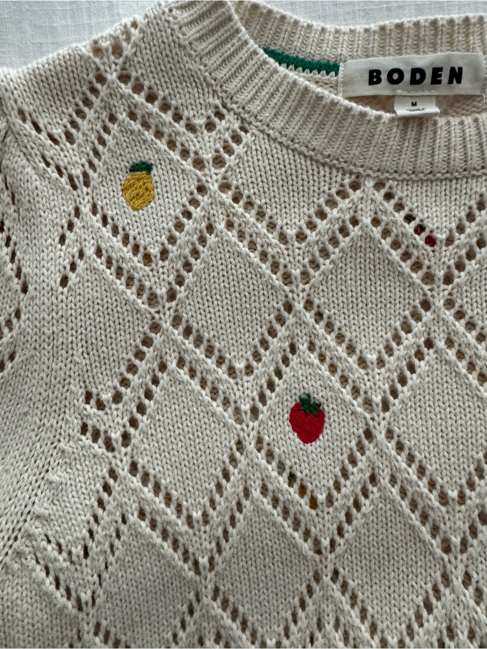 Boden Cream Eyelet Crewneck Sweater with Red and Yellow Dot Embroidery - Picture 4 of 6